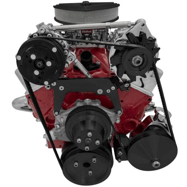 Small Block Chevy High Mount Serpentine Conversion; AC & PS; Saginaw-Key; Black