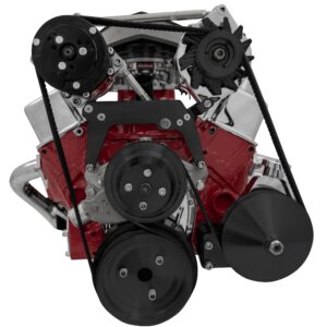 Small Block Chevy High Mount Serpentine Conversion; AC & PS; Saginaw-Key; Black