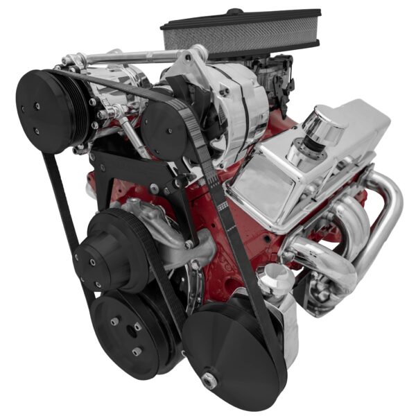 Small Block Chevy High Mount Serpentine Conversion; AC & PS; Saginaw-Key; Black