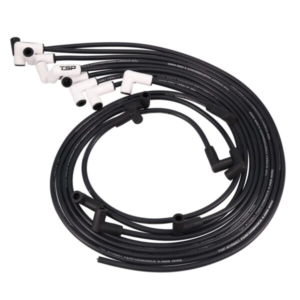 Chevy SB Over Valve Cover Wires; 8.5mm Black; 90 Deg White Ceramic Plug Boots