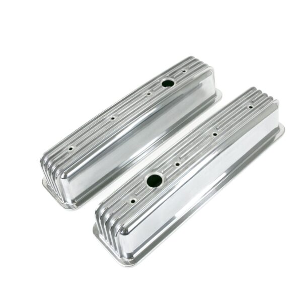 TSP Valve Covers; Cast Alum.; Finned; Long Bolt with Holes; SBC Cen.; Polished
